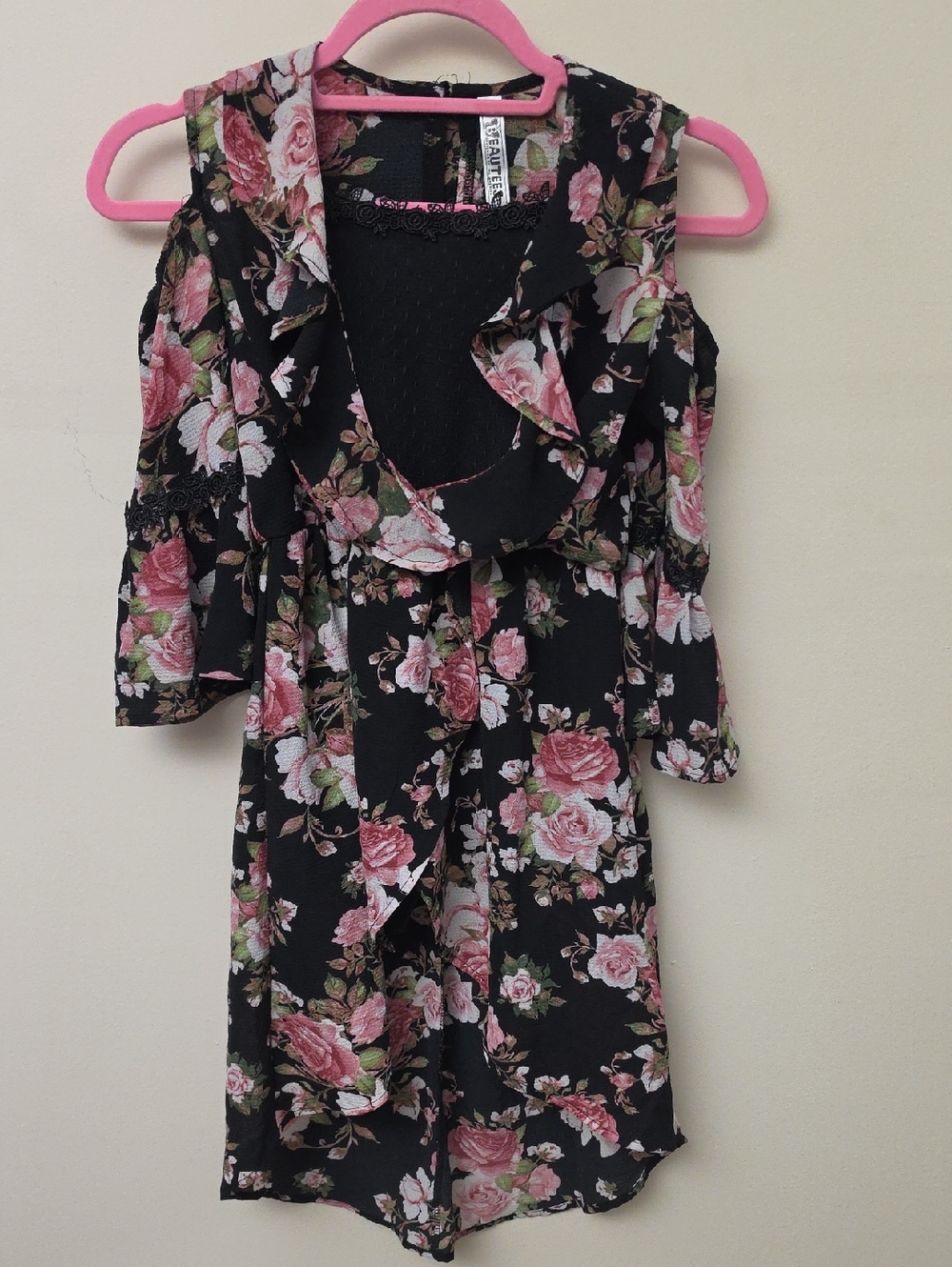 Beautees Black Floral Hi Low Mini Dress Open Front Black Shorts Underneath‎ Sz 7